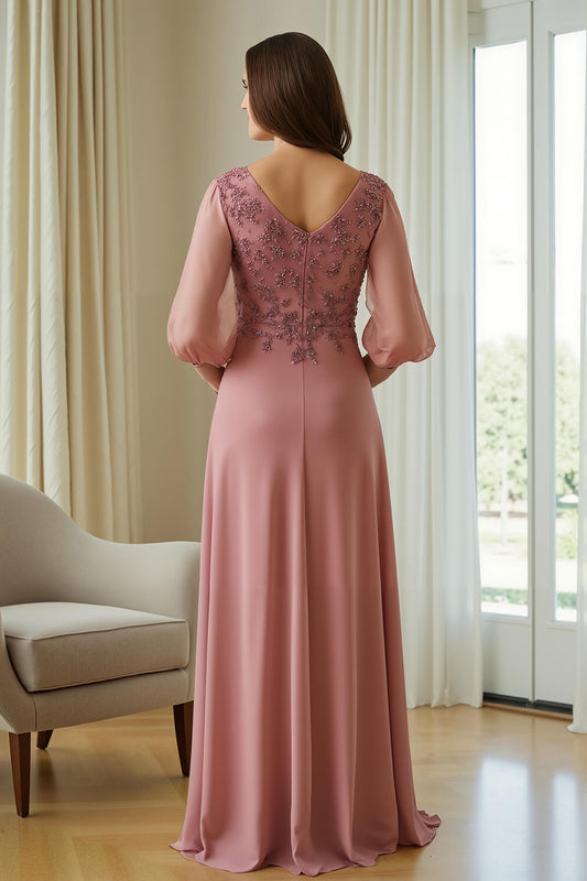Dusty Rose Chiffon Appliqued Long Mother of the Bride Dress with Sleeves