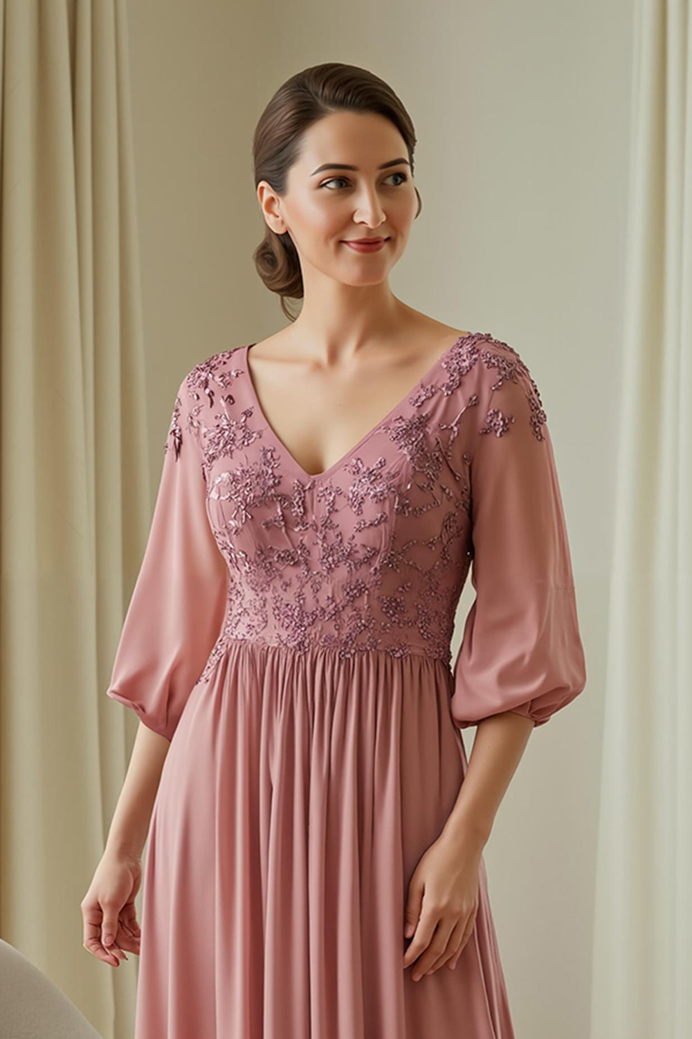 Dusty Rose Chiffon Appliqued Long Mother of the Bride Dress with Sleeves