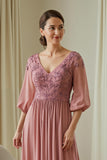 Dusty Rose Chiffon Appliqued Long Mother of the Bride Dress with Sleeves