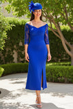 Royal Blue Satin Sheath Off The Shoulder Long Mother of the Bride Dress with Slit