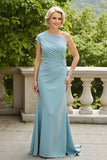 Light Blue Sheath One Shoulder Long Mother of the Bride Dress with Appliques
