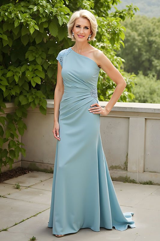 Light Blue Sheath One Shoulder Long Mother of the Bride Dress with Appliques