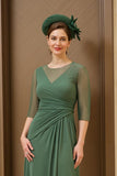 Dark Green Chiffon Ruched Long Mother of the Bride Dress with Sleeves