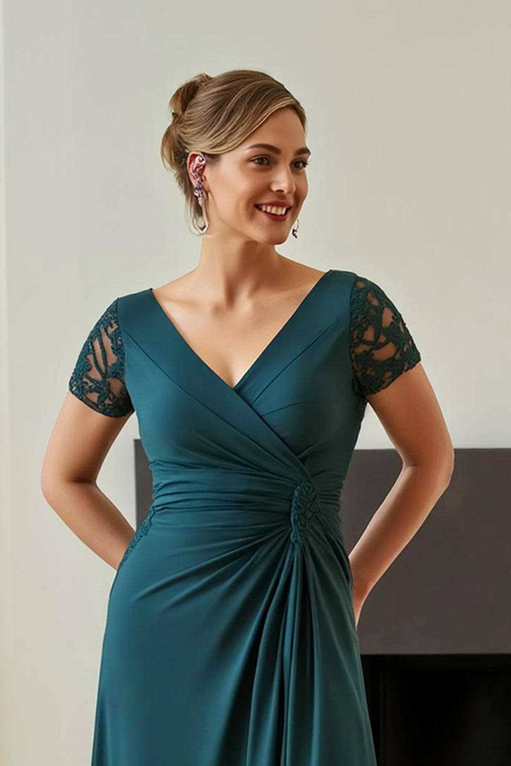 Pine Ruched V-Neck Long Mother of the Bride Dress with Slit