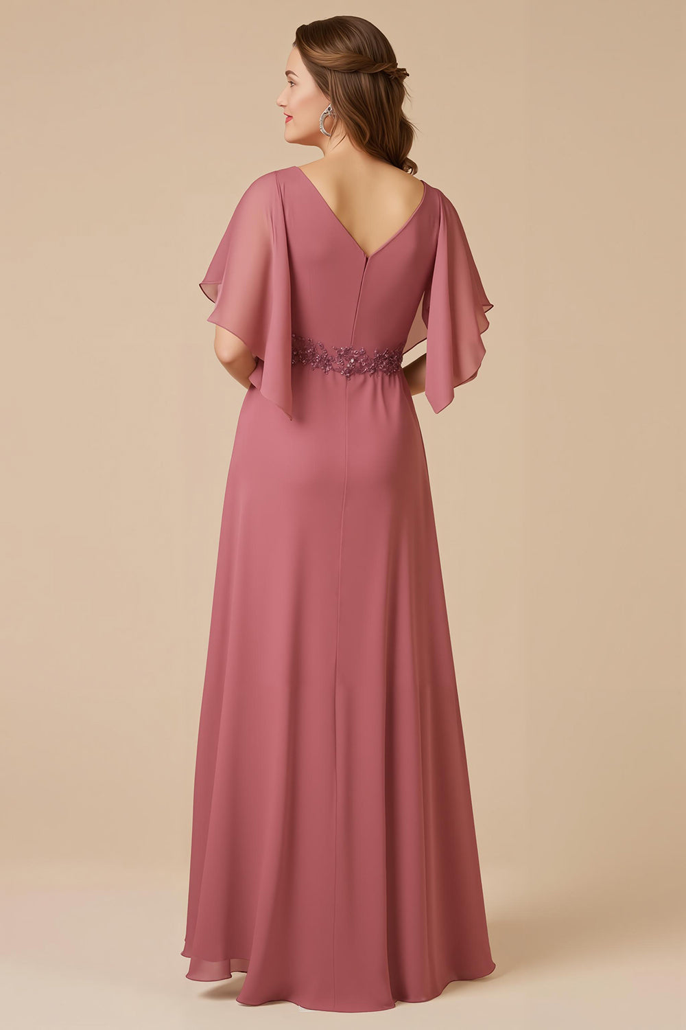 Zapaka Women Desert Rose Chiffon Long Mother of the Bride Dress with Sleeves A Line Appliqued V-Neck Wedding Guest Dress, Desert Rose / US20W