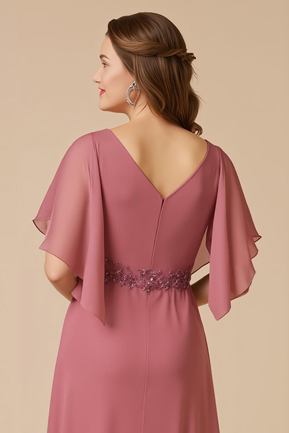 Zapaka Women Desert Rose Chiffon Long Mother of the Bride Dress with Sleeves A Line Appliqued V-Neck Wedding Guest Dress, Desert Rose / US20W