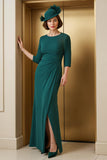 Pine Chiffon Sheath Round Neck Long Mother of the Bride Dress with Slit