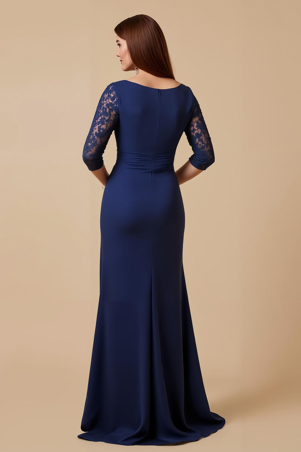 Navy Sheath Ruched Long Mother of the Bride Dress with Lace Sleeves