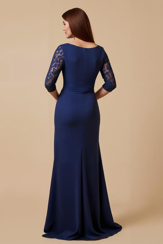 Navy Sheath Ruched Long Mother of the Bride Dress with Lace Sleeves