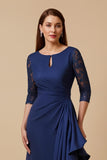 Navy Sheath Ruched Long Mother of the Bride Dress with Lace Sleeves