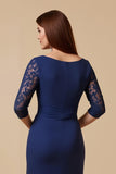 Navy Sheath Ruched Long Mother of the Bride Dress with Lace Sleeves