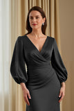 Pine Mermaid Satin V-Neck Long Mother of the Bride Dress with Sleeves
