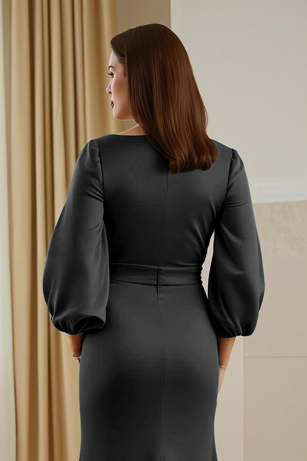 Pine Mermaid Satin V-Neck Long Mother of the Bride Dress with Sleeves