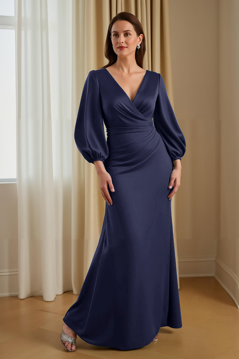 Pine Mermaid Satin V-Neck Long Mother of the Bride Dress with Sleeves