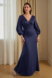Pine Mermaid Satin V-Neck Long Mother of the Bride Dress with Sleeves