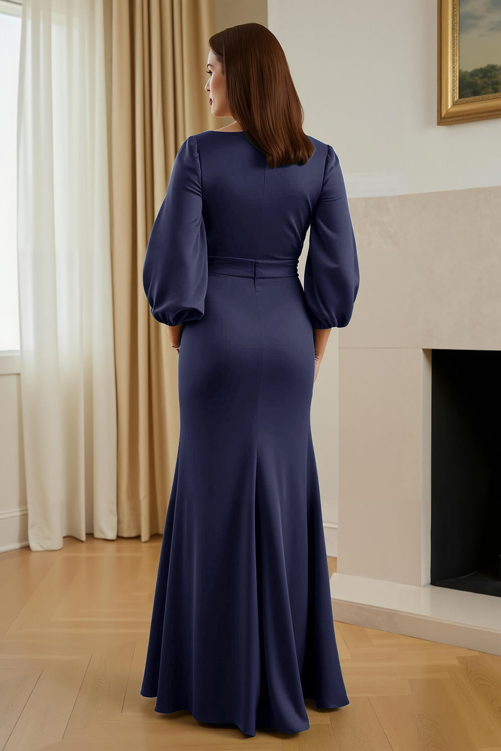 Pine Mermaid Satin V-Neck Long Mother of the Bride Dress with Sleeves