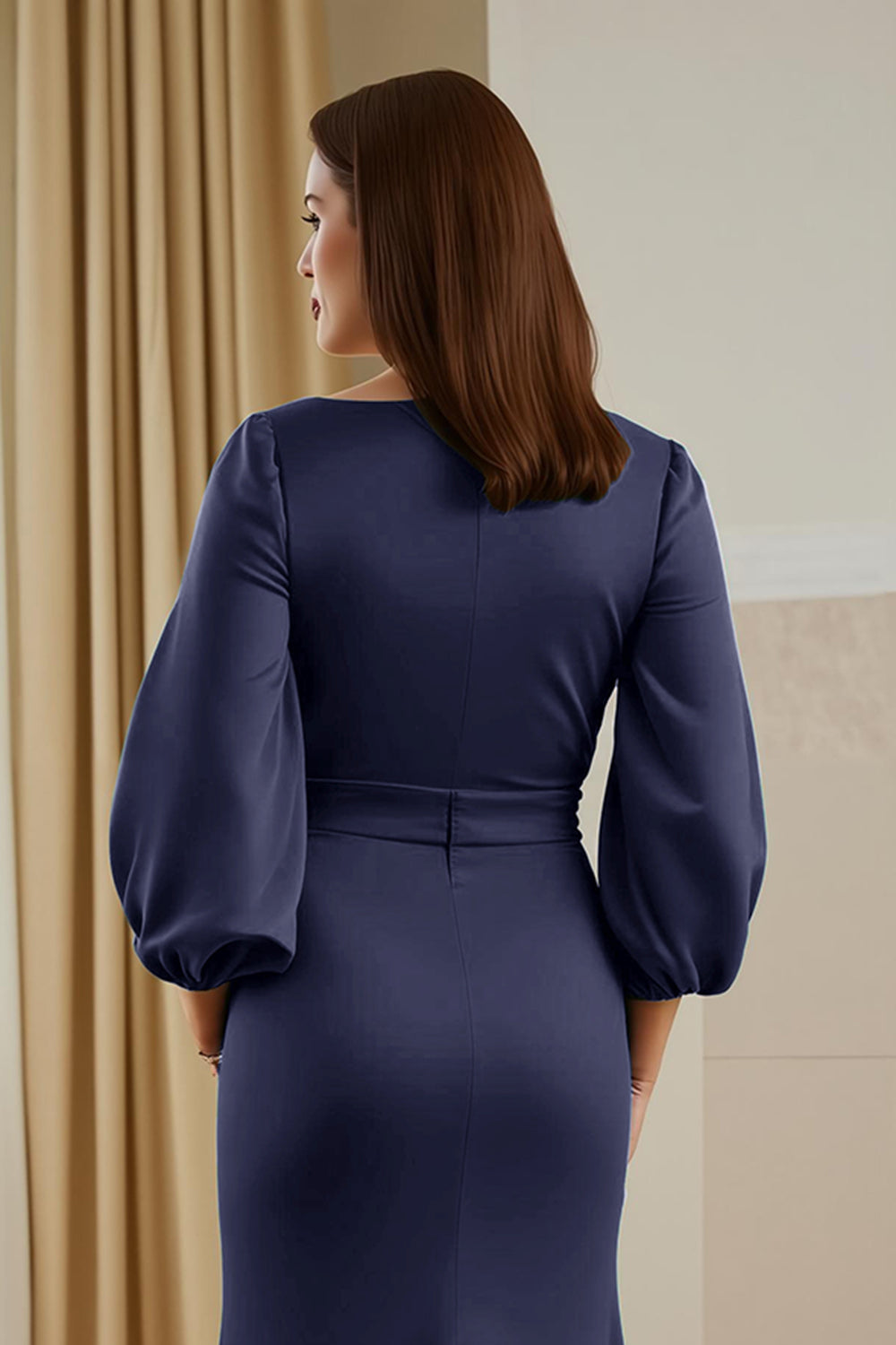 Pine Mermaid Satin V-Neck Long Mother of the Bride Dress with Sleeves