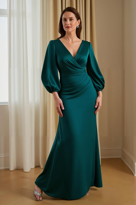 Pine Mermaid Satin V-Neck Long Mother of the Bride Dress with Sleeves