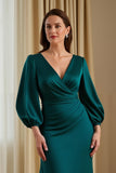 Pine Mermaid Satin V-Neck Long Mother of the Bride Dress with Sleeves