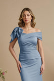 Dusty Blue Satin Mermaid Ruched Long Mother of the Bride Dress with Bow