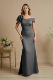 Dusty Blue Satin Mermaid Ruched Long Mother of the Bride Dress with Bow
