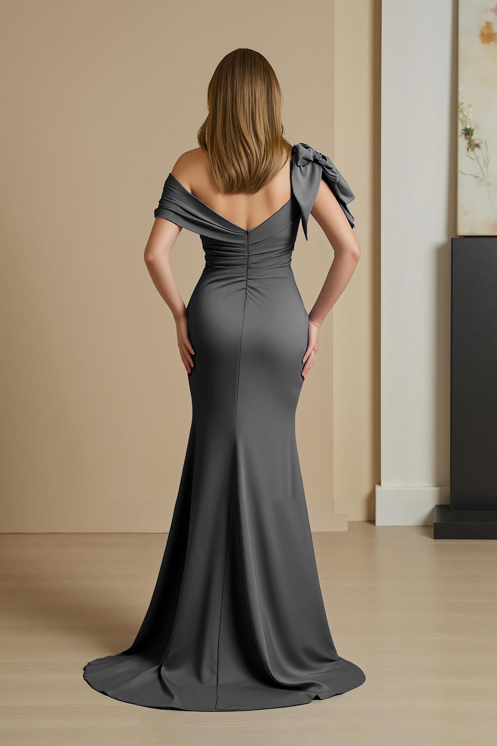 Dusty Blue Satin Mermaid Ruched Long Mother of the Bride Dress with Bow