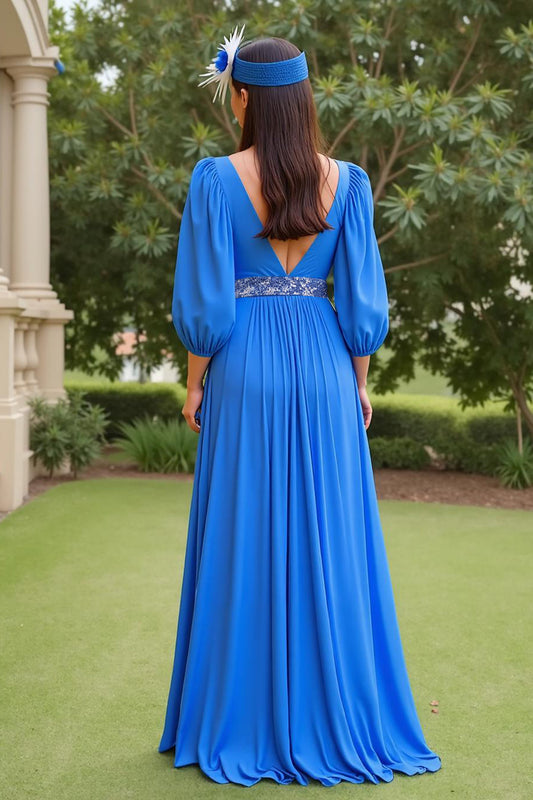 Blue A Line Chiffon V-Neck Long Mother of the Bride Dress with Beading