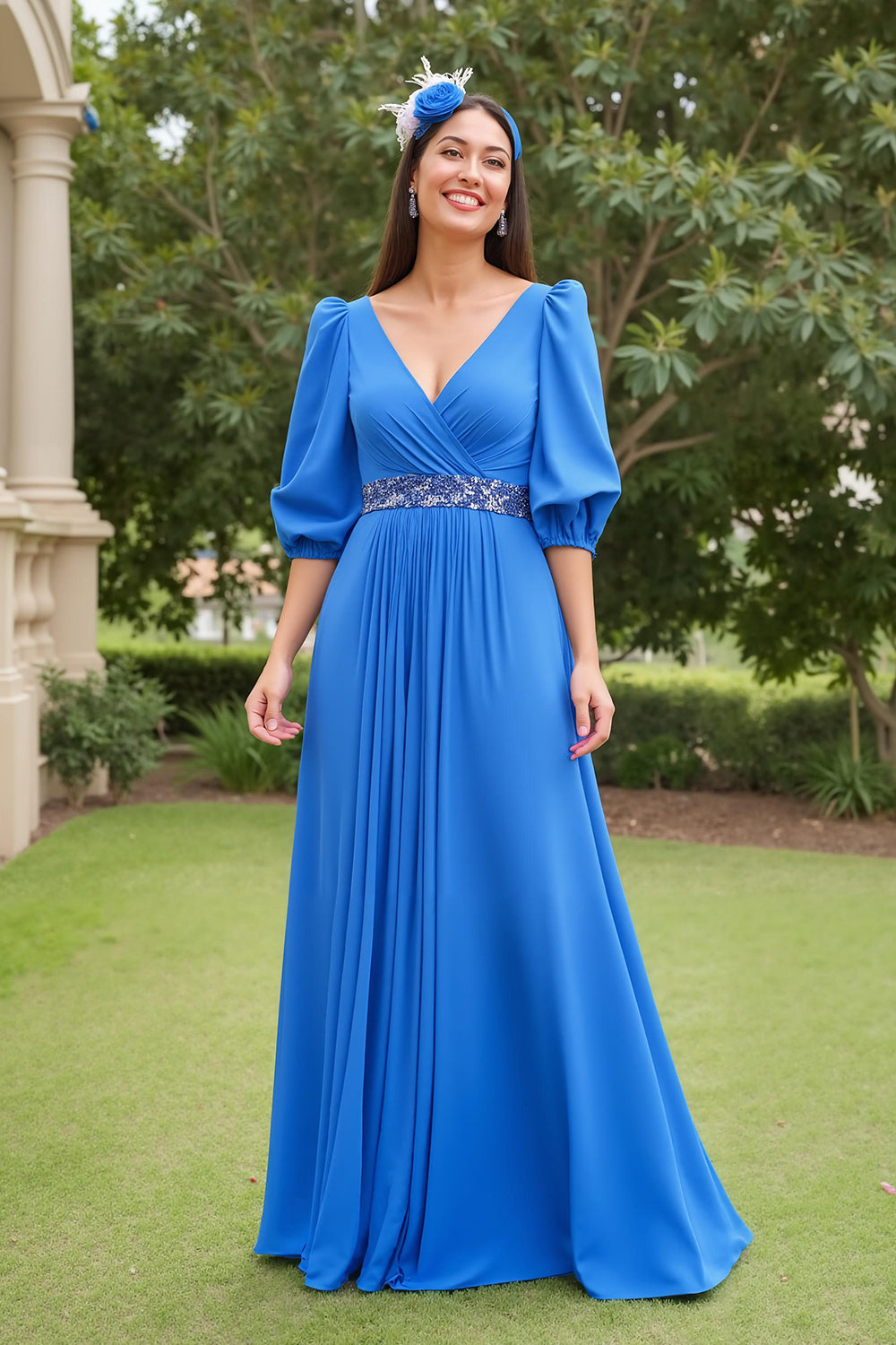 Blue A Line Chiffon V-Neck Long Mother of the Bride Dress with Beading