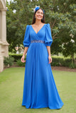 Blue A Line Chiffon V-Neck Long Mother of the Bride Dress with Beading