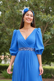 Blue A Line Chiffon V-Neck Long Mother of the Bride Dress with Beading