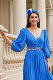 Blue A Line Chiffon V-Neck Long Mother of the Bride Dress with Beading