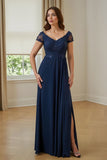 Navy Appliqued Long Mother of the Bride Dress with Slit