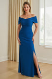 Blue Sheath Off The Shoulder Long Mother of the Bride Dress with Slit