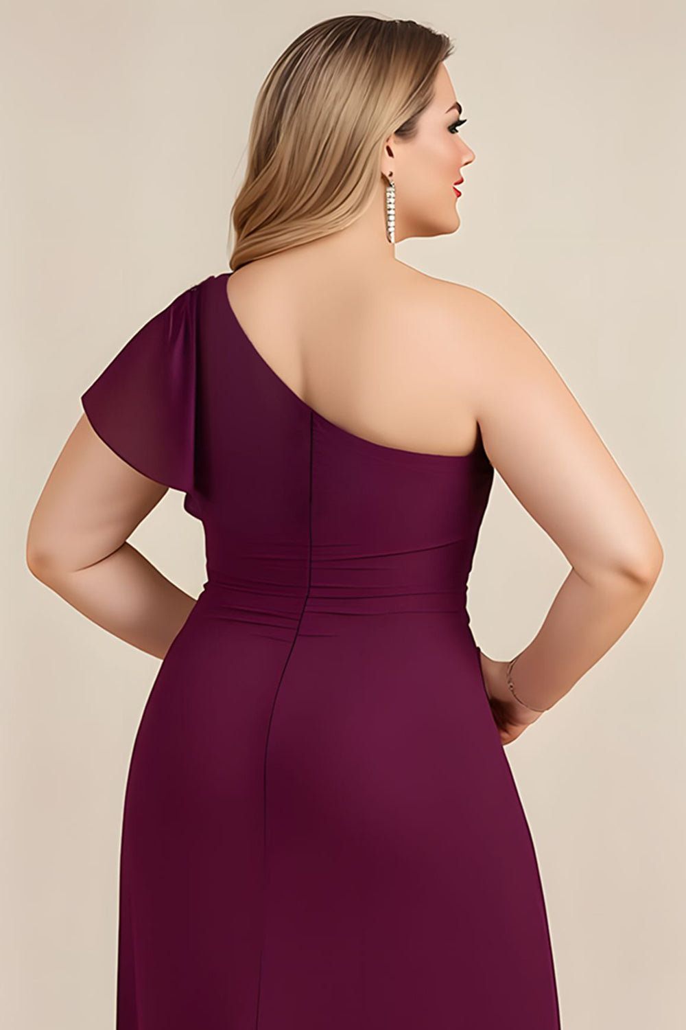 Burgundy One Shoulder Ruched Long Plus Size Mother of the Bride Dress