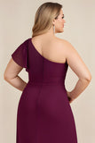 Burgundy One Shoulder Ruched Long Plus Size Mother of the Bride Dress