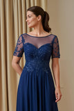 Navy Chiffon A Line Illusion Boat Neck Long Mother of the Bride Dress with Sleeves
