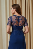 Navy Chiffon A Line Illusion Boat Neck Long Mother of the Bride Dress with Sleeves