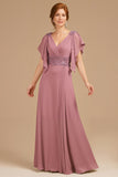 Grape V-Neck Appliqued Long Mother of the Bride Dress with Ruffles
