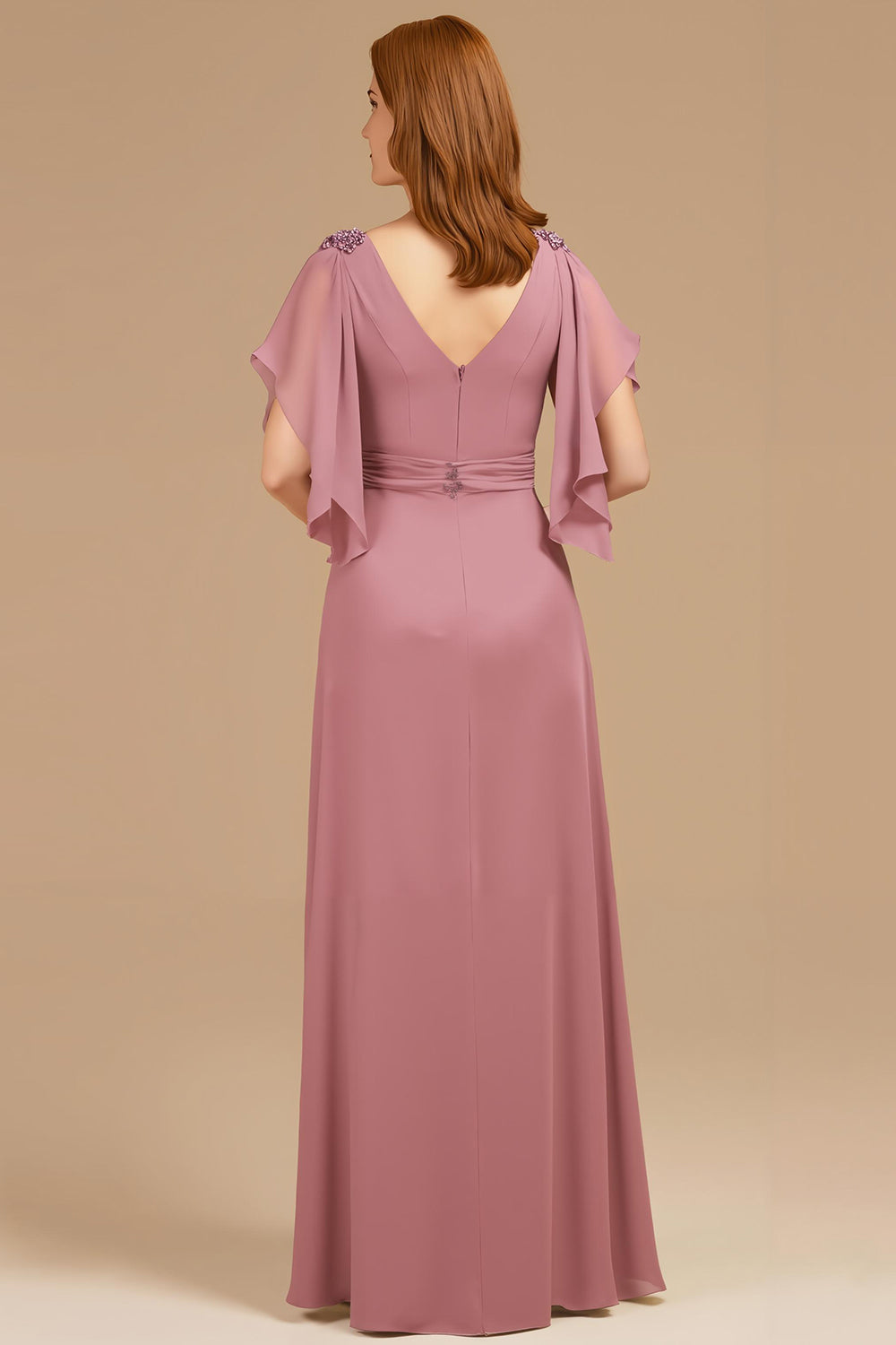 Grape V-Neck Appliqued Long Mother of the Bride Dress with Ruffles