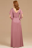 Grape V-Neck Appliqued Long Mother of the Bride Dress with Ruffles