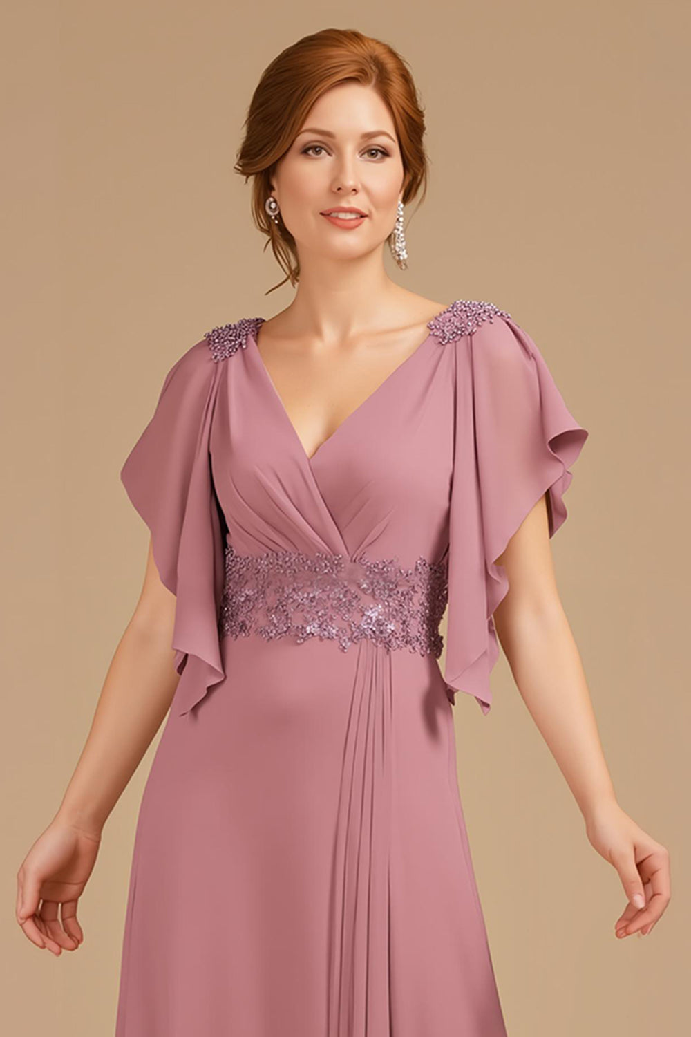 Grape V-Neck Appliqued Long Mother of the Bride Dress with Ruffles