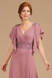Grape V-Neck Appliqued Long Mother of the Bride Dress with Ruffles