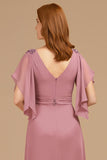 Grape V-Neck Appliqued Long Mother of the Bride Dress with Ruffles