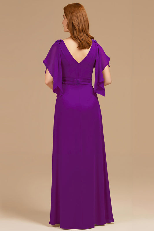 Grape V-Neck Appliqued Long Mother of the Bride Dress with Ruffles