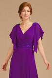 Grape V-Neck Appliqued Long Mother of the Bride Dress with Ruffles