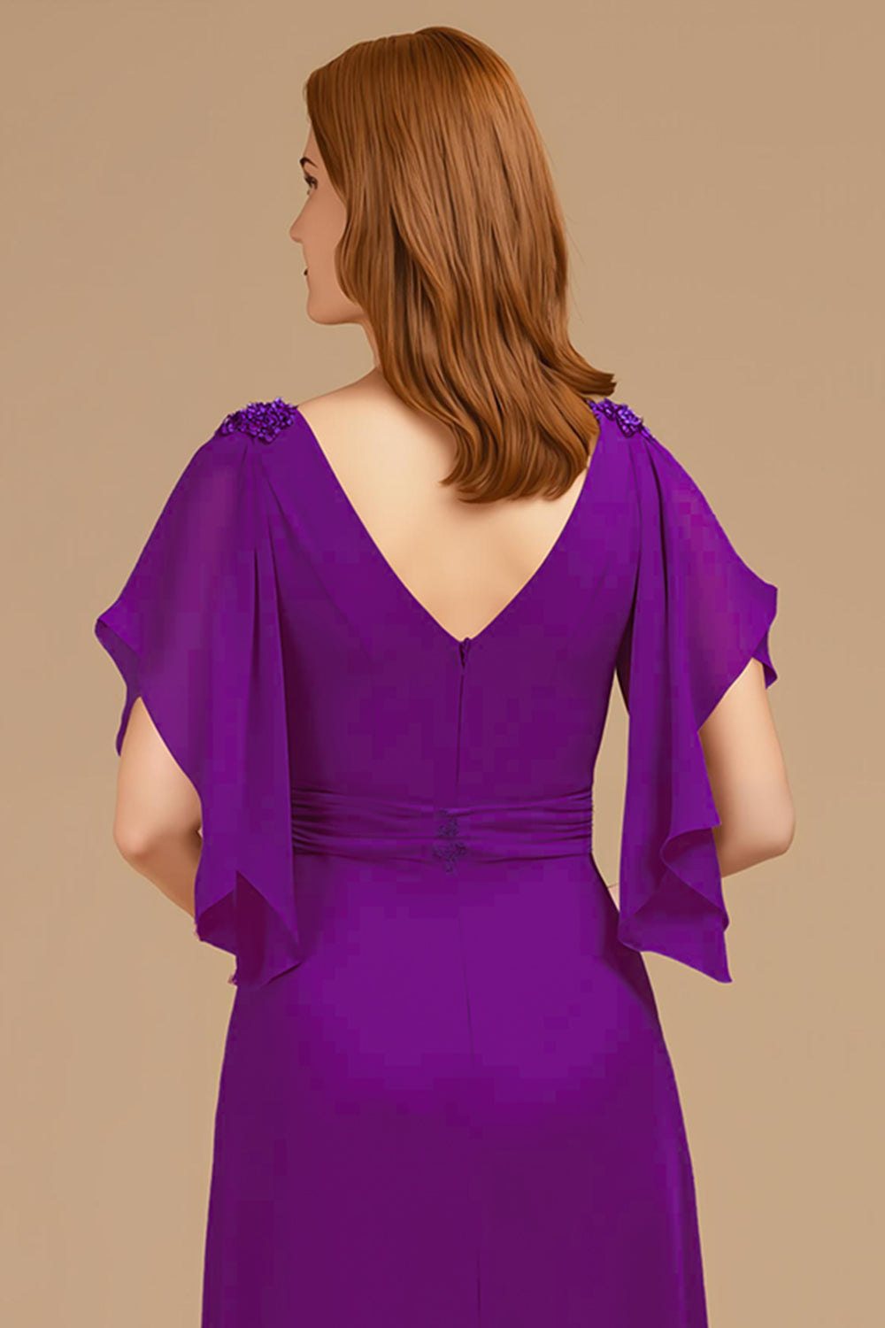 Grape V-Neck Appliqued Long Mother of the Bride Dress with Ruffles