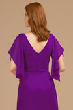 Grape V-Neck Appliqued Long Mother of the Bride Dress with Ruffles