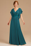 Grape V-Neck Appliqued Long Mother of the Bride Dress with Ruffles