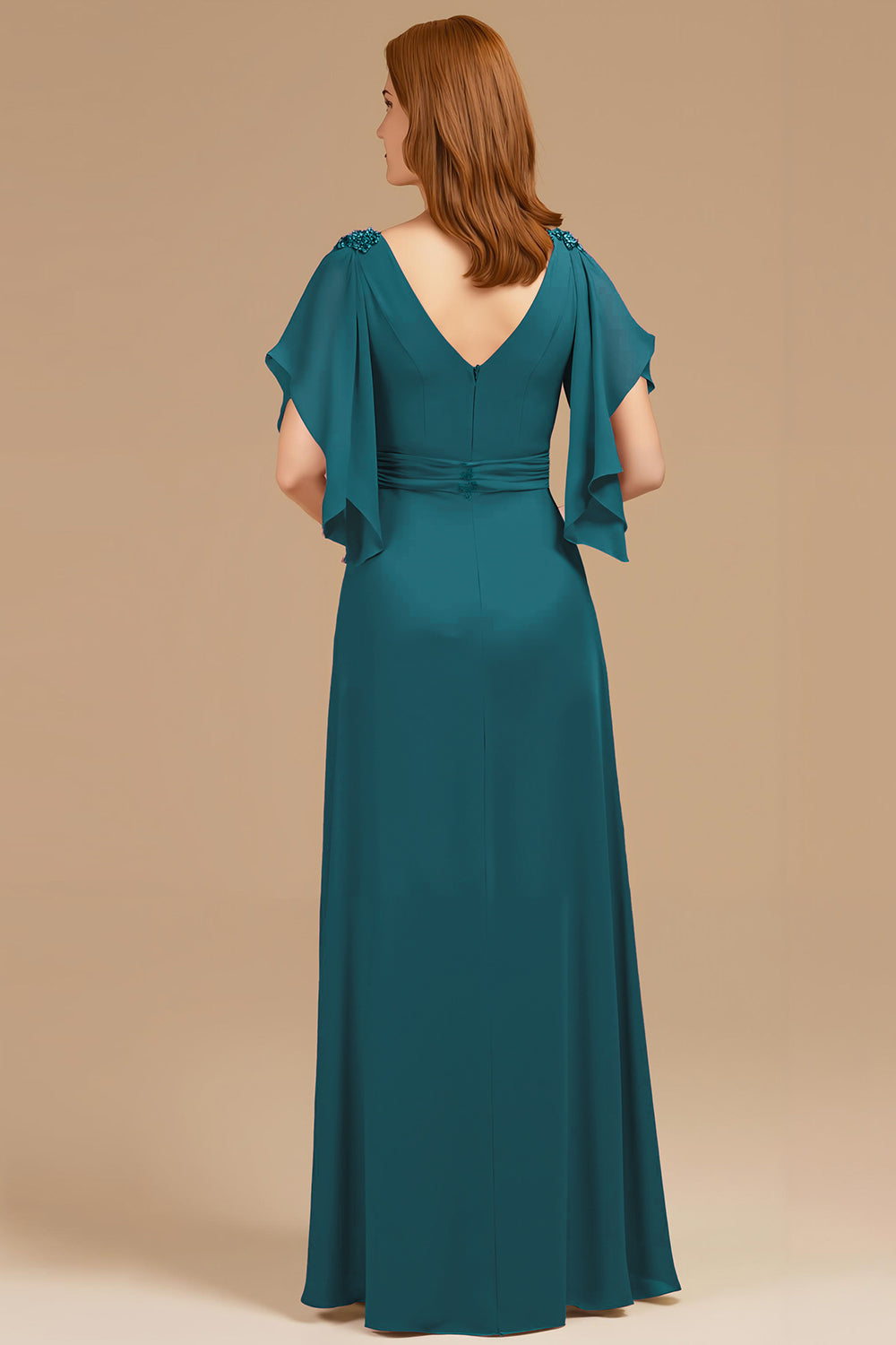 Grape V-Neck Appliqued Long Mother of the Bride Dress with Ruffles