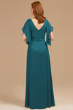 Grape V-Neck Appliqued Long Mother of the Bride Dress with Ruffles
